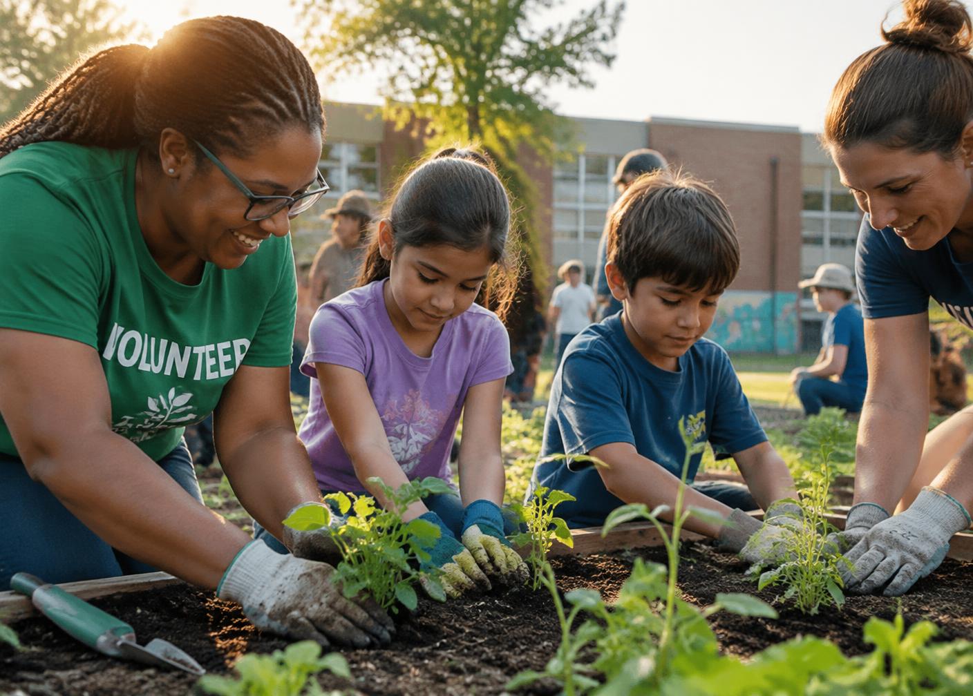 Volunteers and children planting a community garden