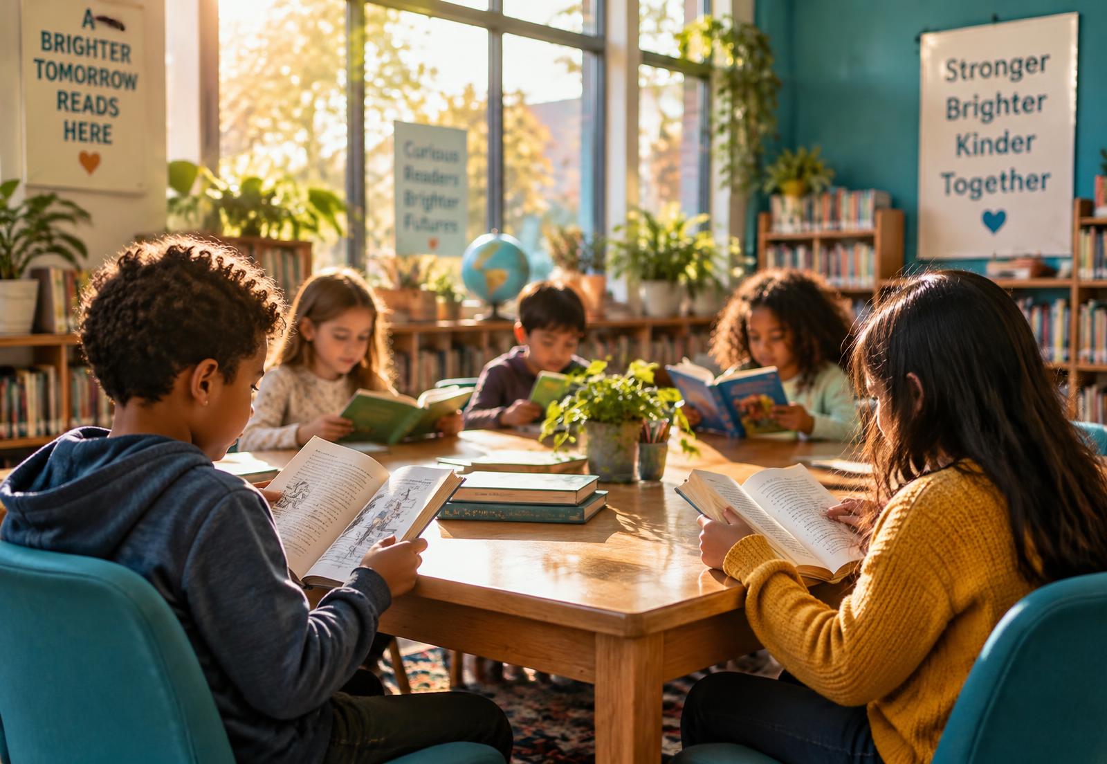 Children reading together around a sunny library table